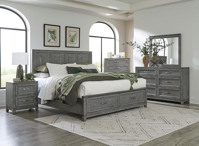 Rustic Gray Finish Bedroom Furniture Set California King Size 6pcs Platform Bed with Drawers Transitional Style
