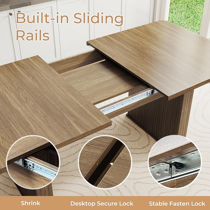 Zevemomo 63"-78.7" Expandable Dining Table, 6-10 Farmhouse Kitchen Table, Extendable Dining Table, Rectangular Table with Metal Track, Widened Wood Striped Legs for Dining Room, Office-Beige Brown