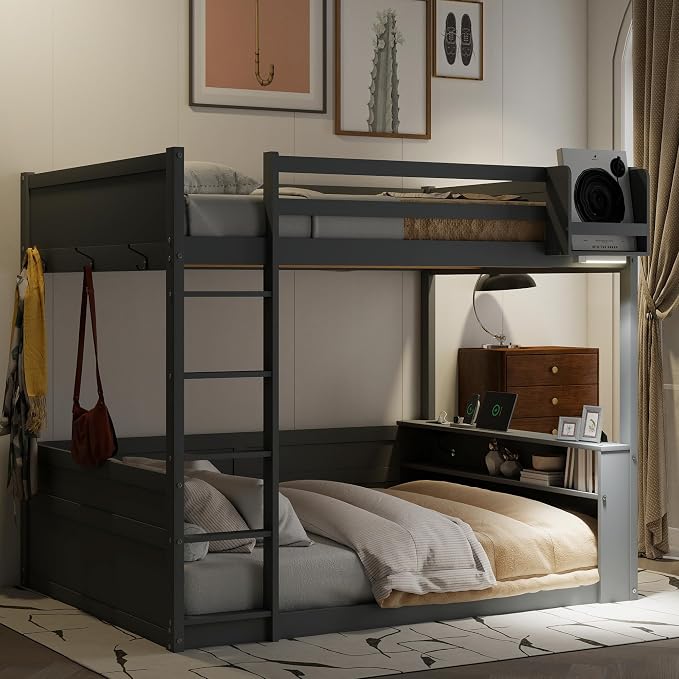 RUNNA Queen Bunk Bed with Shelves,Storage Box,LED,USB Charging,Grey | Queen bunk bed with shelves,storage box,LED light,USB charging,solid wood frame, guardrails, no box spring needed,Grey