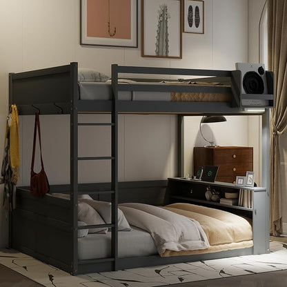 RUNNA Queen Bunk Bed with Shelves,Storage Box,LED,USB Charging,Grey | Queen bunk bed with shelves,storage box,LED light,USB charging,solid wood frame, guardrails, no box spring needed,Grey