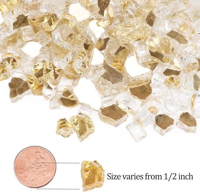 GASPRO 10 lbs Fire Glass for Propane Fire Pit, 1/2-Inch Glass Rocks for Fire Pit Table Fireplace, Gold