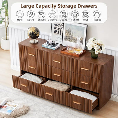 Fluted Dresser for Bedroom with 9 Drawers, 59" Wide Mid Century Modern Chest of Drawers, Wooden Dresser TV Stand, Wood Closet Clothes Storage Organizer for Living Room Hallway, Walnut