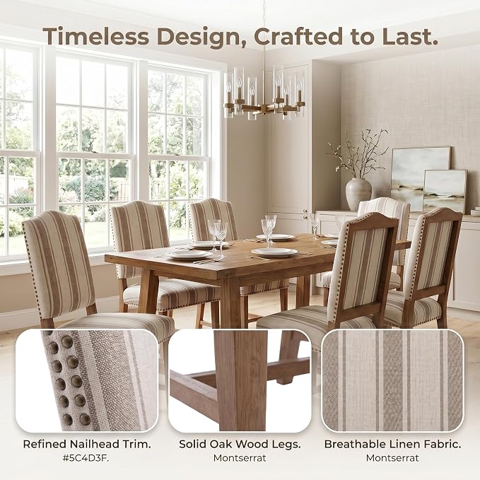 ROCITY Linen Dining Chairs Set of 4 Upholstered Farmhouse Dining Room Chairs Kitchen Side Chairs with Wooden Legs&Nailhead Trim, Beige with Brown Stripe