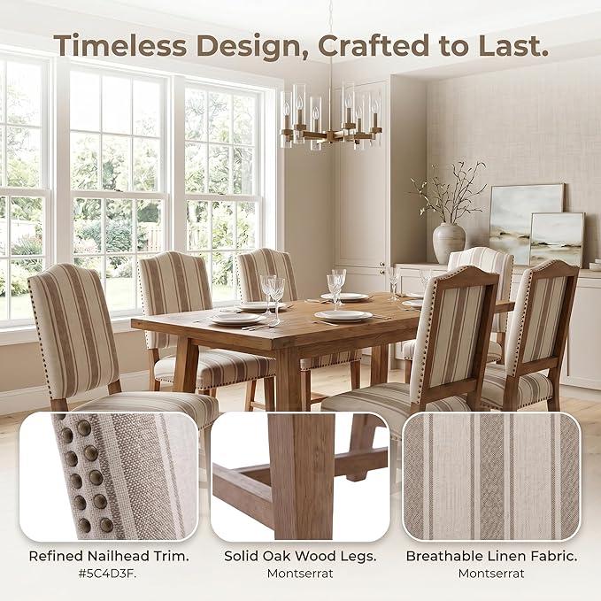 ROCITY Linen Dining Chairs Set of 2 Upholstered Farmhouse Dining Room Chairs Kitchen Side Chairs with Wooden Legs&Nailhead Trim, Beige with Brown Stripe