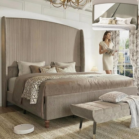 Queen Size Upholstered Bed Frame with 65.7" Tall Headboard Wingback, Soft Washable Corduroy Beds Cover, Solid Wood Legs, Noise-Free, No Box Spring Needed, Light Gray