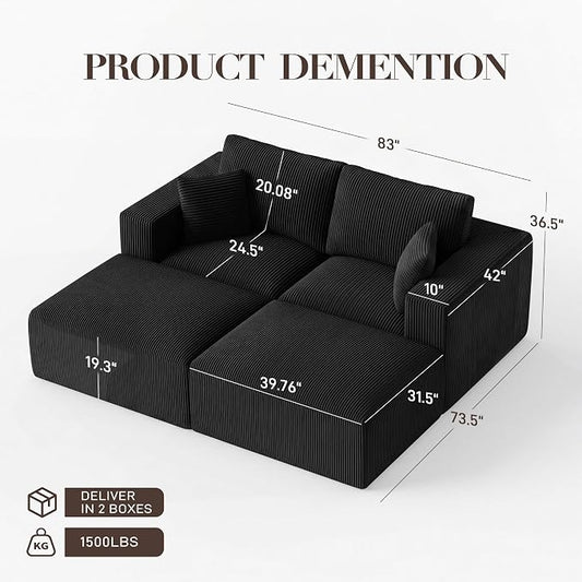 Modular Sectional Sofa Bed with Ottoman, 79" Memory Foam Cloud Couch, Boneless Loveseat Corduroy Upholstered Floor Couch, No Assembly Required Living Room Furniture for Apartment Bedroom, Black