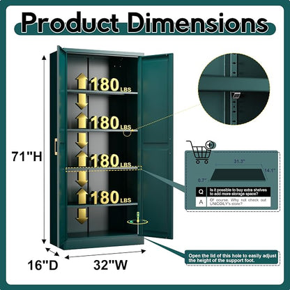 UNICOLY 71" Storage Cabinet, Metal Pantry Cabinet, Kitchen Pantry Storage Cabinets with Doors and 4 Shelves, Cabinets for Laundry Room, Living Room, Dinning Room, Assembly Required, Green