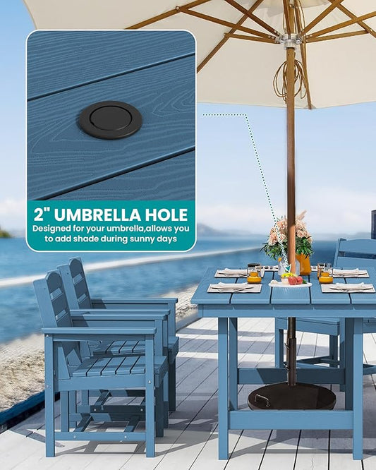 SERWALL 8-Piece Patio Dining Sets with 15FT Double Side Patio Umbrella, Outdoor HDPE Dining Furniture Set with Umbrella Hole Cut-Out Table and 6 Chairs, Blue（Umbrella Base not Included）