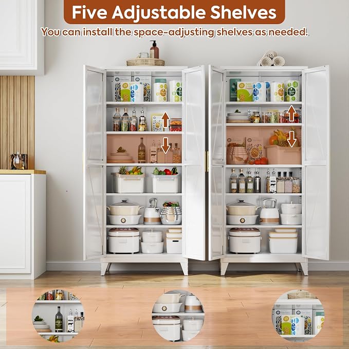 75.3" Tall Kitchen Pantry Storage Cabinet with 5 Adjustable Shelves, Metal Panty Cabinet with Doors, X-Shaped Embossed Panels, Heavy Duty Steel Storage Organizer for Home, Required Assembly