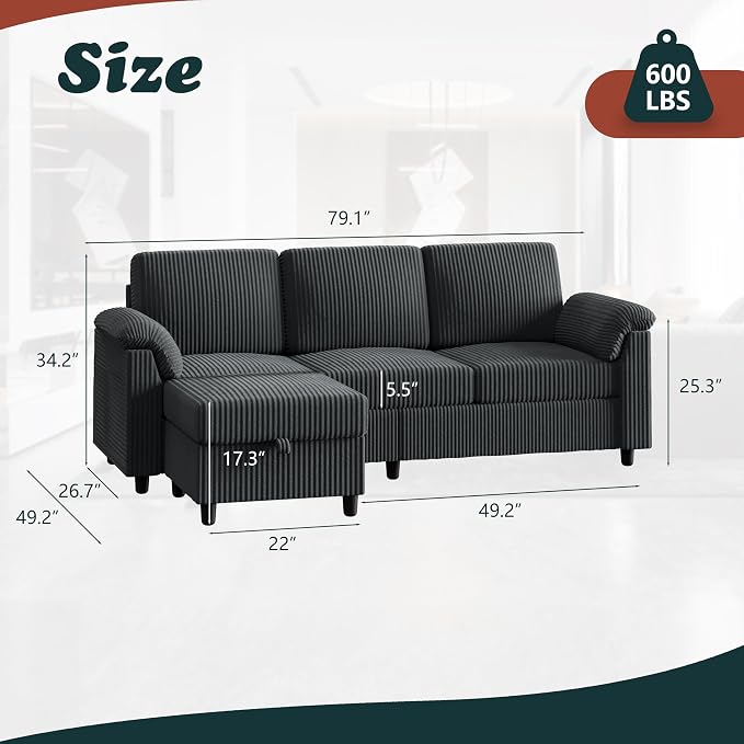 Vongrasig 79" Convertible Sectional Sofa Couch, 3 Seat L Shaped Sofa with Ottoman Corduroy Fabric Small Couch Mid Century for Living Room, Apartment and Office (Gray)