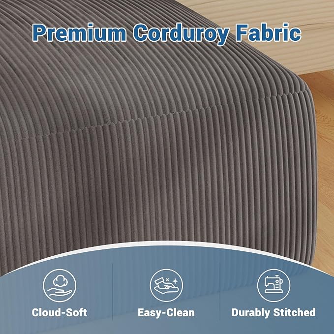 40" Oversized Large Square Corduroy Ottoman Pouf - Poofy Plush Foot Rest with Foam Chunk Filling, Movable Floor Pouf Footstool & Ottoman Coffee Table for Living Room Couch Bedroom, Grey(2 Pieces)