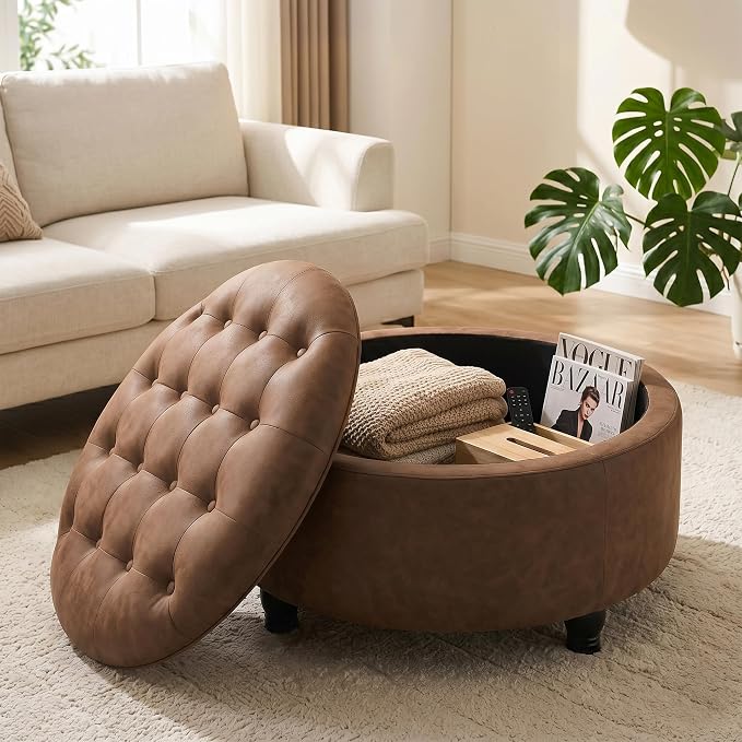 30-Inch Round Storage Ottoman, Button Tufted Ottoman Coffee Table with Removable Top for Living Room, Bedroom, Office (Cognac Tan)