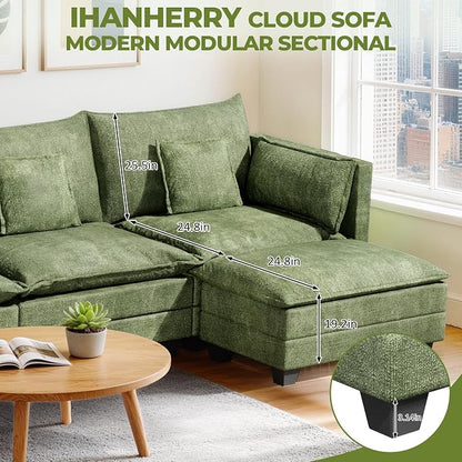 LEVELEVE 112.5" L-Shape Modular Sofa with 1 Ottomans, Deep Seat Cloud Convertible Sleeper, 3 Throw 2 Arm Pillows, Comfortable Upholstered Furniture for Living Room Apartment, Green
