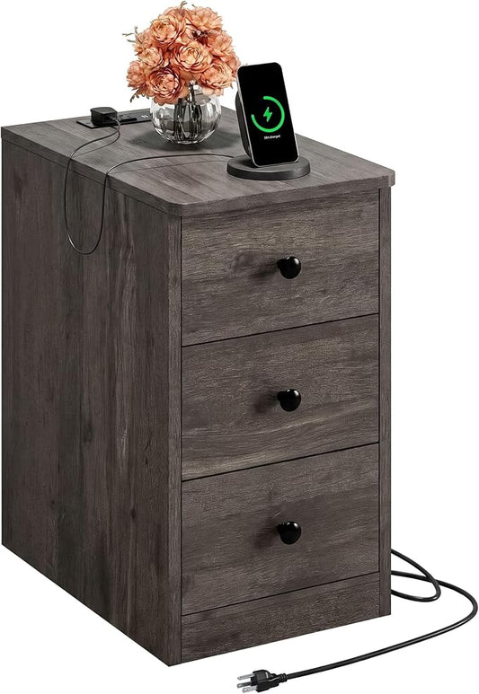 LIKIMIO Nightstand with Charging Station, Narrow Bedside Table with 3 Drawers, End Table with USB Ports and Outlets, Side Table for Living Room/Bedroom Modern, Charcoal Grey