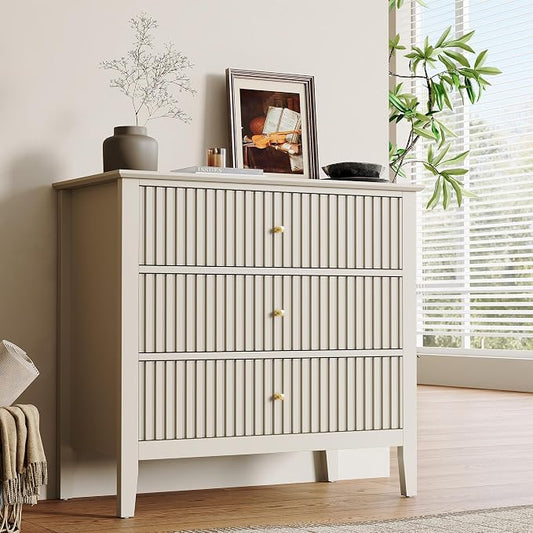 RoyalCraft 32" Large Nightstand, Fluted Painted Bedside Table with 3 Spacious Drawers, Modern Tall End Table for Bedroom, Beige