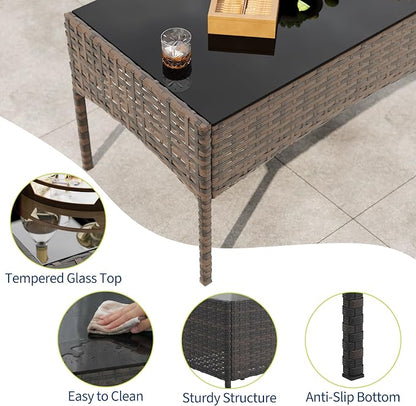 4-Piece Outdoor Furniture Set, PE Rattan Wicker Chairs with Soft Cushions & Tempered Glass Coffee Table - All-Weather Patio Set for Garden, Backyard, Porch, Poolside (Brown/Dark Blue)