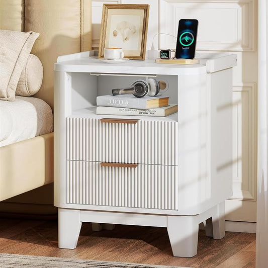 Baoz White Fluted Nightstand with Charging Station & 2 Drawers for Bedroom | 20" Wide Mid Century Modern Bedside Table Wood Faux Marble Top Curved Profile Design 27in Tall LED Night Stand