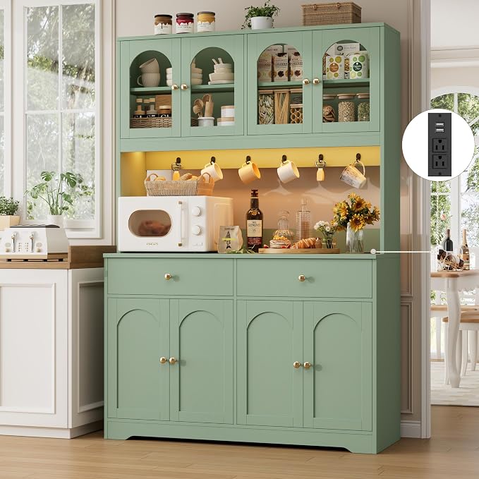HIFIT 71" LED Kitchen Pantry Cabinet with Power Outlet, Large Kitchen Hutch Cabinet with 2 Storage Drawers & Arched Door, Countertop & Hooks, Tall China Bar for Dining Living Room (Green)