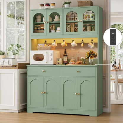 HIFIT 71" LED Kitchen Pantry Cabinet with Power Outlet, Large Kitchen Hutch Cabinet with 2 Storage Drawers & Arched Door, Countertop & Hooks, Tall China Bar for Dining Living Room (Green)