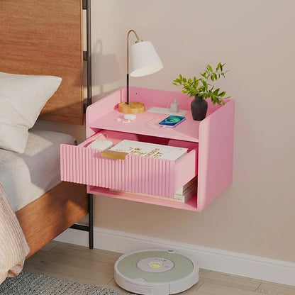 Arbuxzuy Floating Nightstand Set of 2 with Charging Station, Modern Wall Mounted Bedside Table with Drawer & Open Shelf