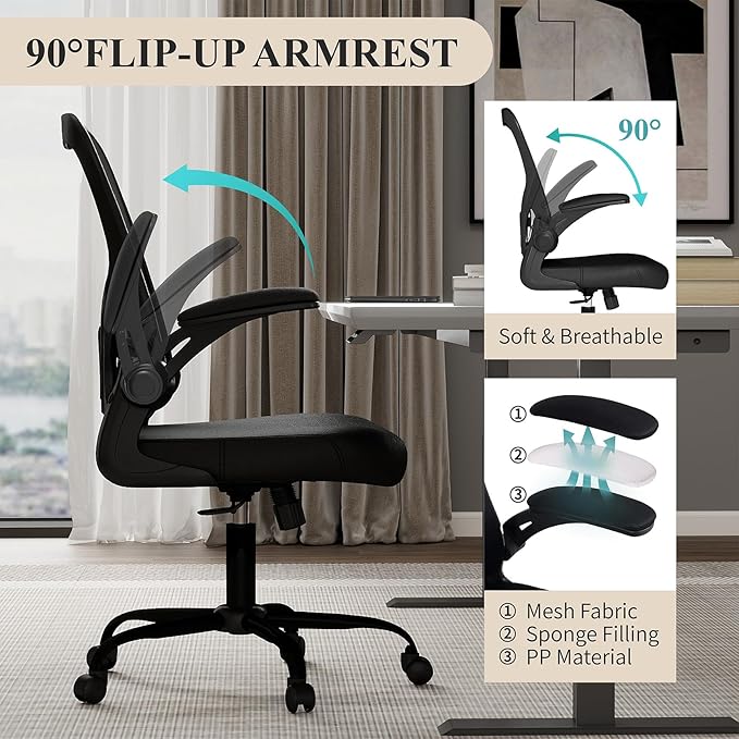 Flysky Mesh Office Chair, Ergonomic Computer Desk Chairs for Home Office - with Comfy/Comfortable Flip-up Arm Rests, Lumbar Support, Height Adjustable, 360 Degree Rolling Swivel (Black, 10 Pack)