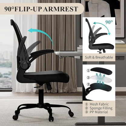 Flysky Mesh Office Chair, Ergonomic Computer Desk Chairs for Home Office - with Comfy/Comfortable Flip-up Arm Rests, Lumbar Support, Height Adjustable, 360 Degree Rolling Swivel (Black, 8 Pack)
