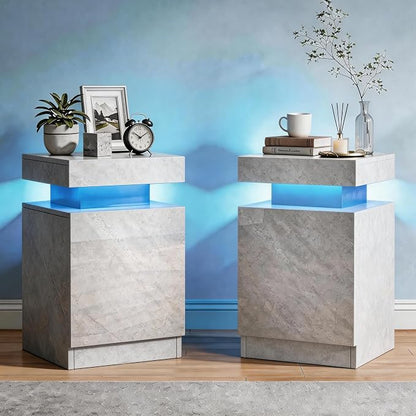 MXV Nightstand Set of 2 with LED Lights,Night Stand with Storage Cabinet for Bedroom,Bedside Table with LED (Grey, 15" D x 15" W x 24" H)