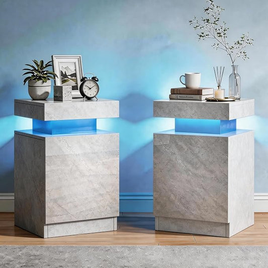 MXV Nightstand Set of 2 with LED Lights,Night Stand with Storage Cabinet for Bedroom,Bedside Table with LED (Grey, 15" D x 15" W x 24" H)