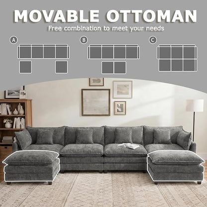 148” Modular Sectional Sofa, U Shaped Cloud Couch with Movable Ottoman, Comfy Chenille Deep Seat Sofa with Throw Pillows, 6 Seat Modern Couches for Living Room Bedroom Apartment, Grey
