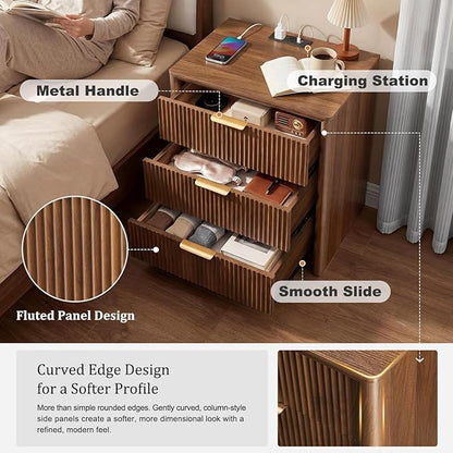 LYNCOHOME 23" Fluted Nightstand with Charging Station, 3 Drawer Bedside Table, Modern Night Stand with Curved Edge Design, Wooden End Table for Bedroom, Rounded Night Stand with Storage, Walnut, Brown
