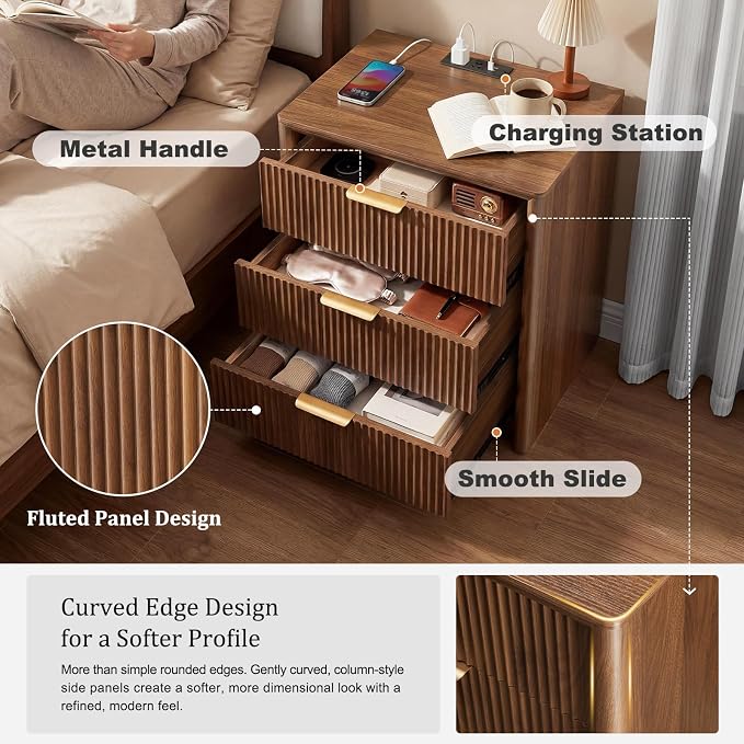 LYNCOHOME 23" Fluted Nightstands Set of 2 with Charging Station, 3 Drawer Bedside Table, Modern Night Stand with Curved Edge, Wooden End Table for Bedroom, Rounded Night Stand with Storage, Walnut