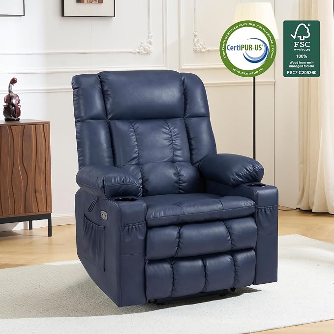 MCombo Dual Motor Power Lift Recliner Chair for Elderly, Lay Flat Lift Chair with Heat and Massage, Cup Holders, USB Ports, Faux Leather 7890 (Blue, Medium)