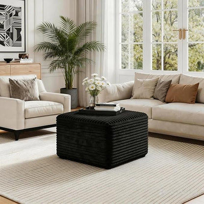 JINGLING 25.6 Inch Plush Corduroy Ottoman, Modular Sectional Foot Rest for Living Room, Upholstered Cloud Ottoman for Boneless Couch in a Box, Compressed Memory Foam, No Assembly Require, Black