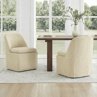 KISLOT Upholstered Dining Chairs Set of 4 with Casters, Modern Side Armless Deskchair with Washable Slipcover & Sturdy Metal Frame for Diningroom Bedroom Livingroom Reading Room, Sand Fabric