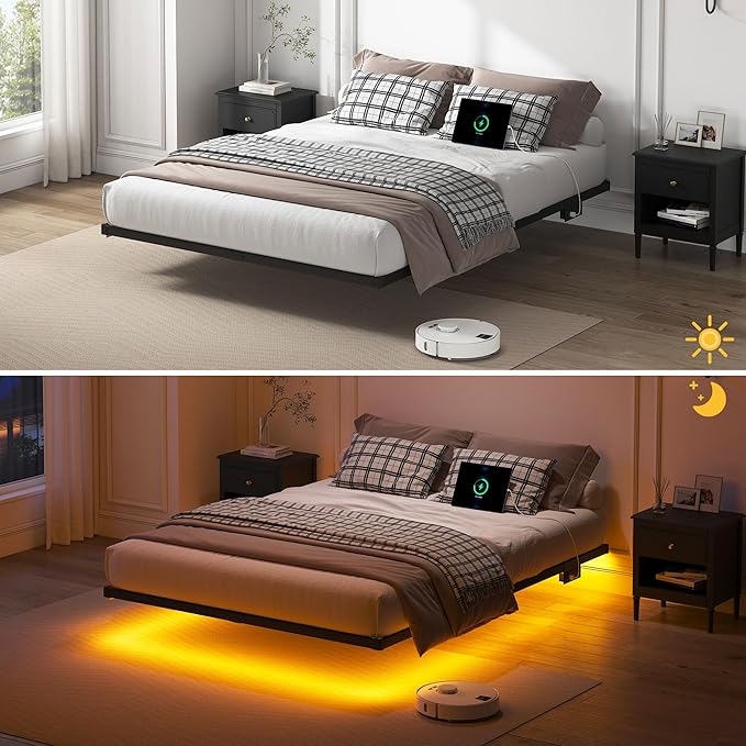 YORMDMO Floating Bed Frame Queen Size, Heavy Duty Bedframe with Smart LED Lights & Charging Station, Modern Metal Platform Bed, Easy Assembly No Box Spring Needed, 10 Inch