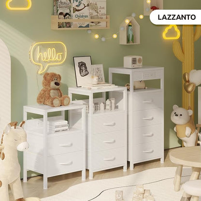 Lazzanto NightStand Bedside Charging Table Bedroom - Night Stand with Charger Station, White Modern Bed Side End Table with Open Shelf & 2 Fabric Drawers, USB-C Port & AC Outlets for Dorm, Living Room