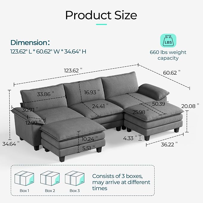 LINSY HOME 123'' Modular Sectional Sofa 3 Seat Couch Corduroy Cloud Couch with Deep Seat, Modern Cloud Couch with 2 Movable Ottoman for Living Room, Office, Bedroom, Grey