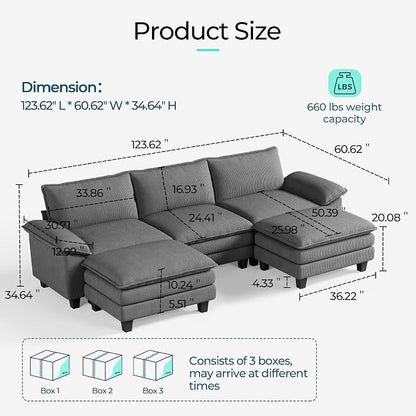 LINSY HOME 123'' Modular Sectional Sofa 3 Seat Couch Corduroy Cloud Couch with Deep Seat, Modern Cloud Couch with 2 Movable Ottoman for Living Room, Office, Bedroom, Grey