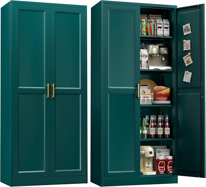 UNICOLY 71" Storage Cabinet, Metal Pantry Cabinet, Kitchen Pantry Storage Cabinets with Doors and 4 Shelves, Cabinets for Laundry Room, Living Room, Dinning Room, Assembly Required, Green