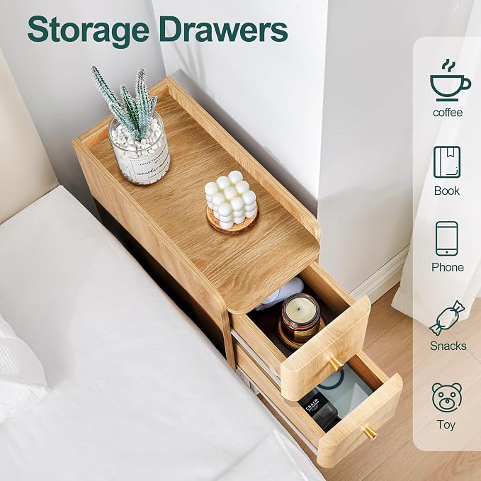 Small Nightstand Set of 2, Wood 2 Drawer Narrow Nightstand, Slim Side Table, Modern Skinny End Bedside Table, Natural Wood Night Stand with Drawers for Bedroom (Natural-2 pcs)