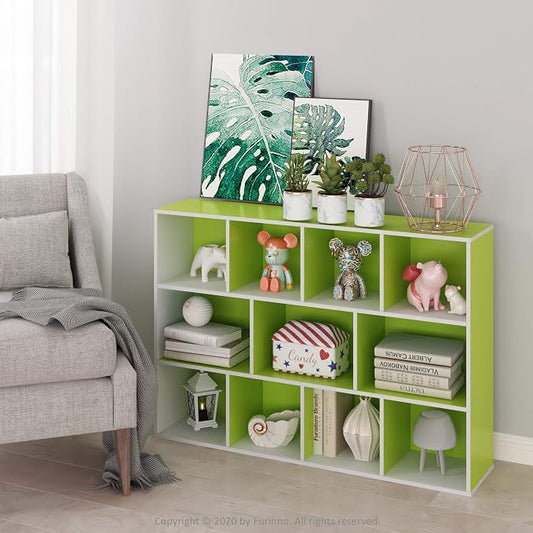Furinno LUDER Book Shelf, 11-Cube Bookshelf, Reversible Bookcase, 9.4 x 29.1 x 41.7, Easy Assembly, for Living Room, Bedroom, Home Office, White/Green