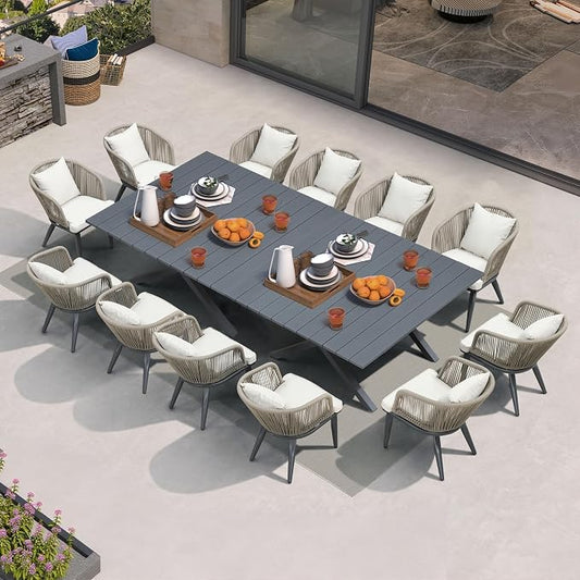 PURPLE LEAF 14 Pieces Patio Dining Set Wicker Outdoor Furniture Oversize Rectangular Table and Chairs Set for Garden Deck Aluminum Frame Backyard Kitchen Set, Cushions and Pillows Included Taupe