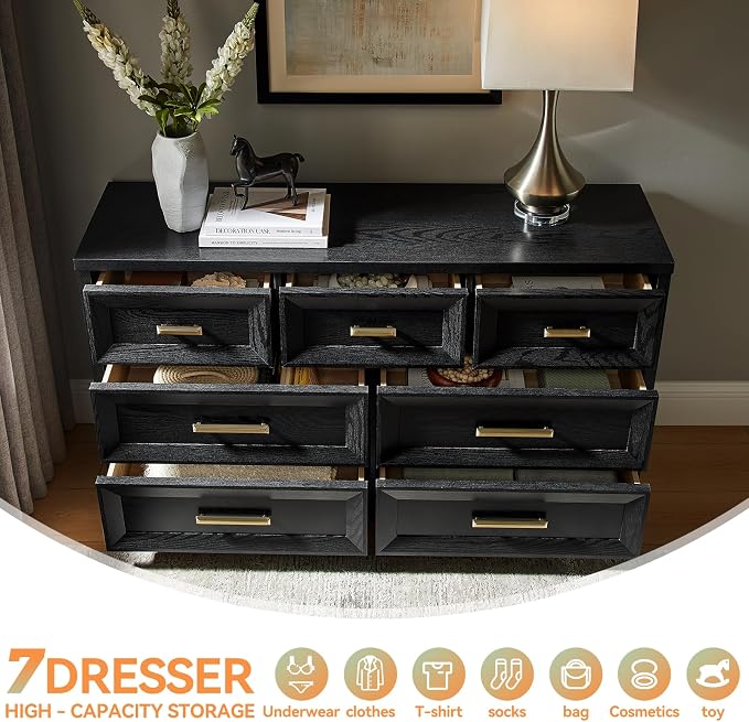 7 Drawer Dresser for Bedroom, 53.5" Wide Wooden Closet Organizers, Modern Oak Chest of Drawers with Metal Handle, Large Storage Dresser TV Stand for LivingRoom Office, Entryway (Black)
