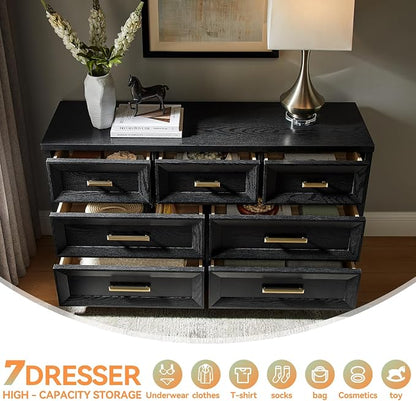 7 Drawer Dresser for Bedroom, 53.5" Wide Wooden Closet Organizers, Modern Oak Chest of Drawers with Metal Handle, Large Storage Dresser TV Stand for LivingRoom Office, Entryway (Black)