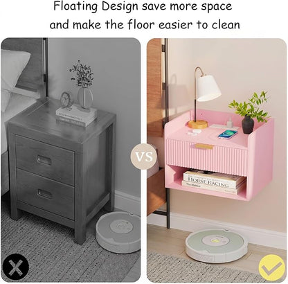 Arbuxzuy Floating Nightstand Set of 2 with Charging Station, Modern Wall Mounted Bedside Table with Drawer & Open Shelf