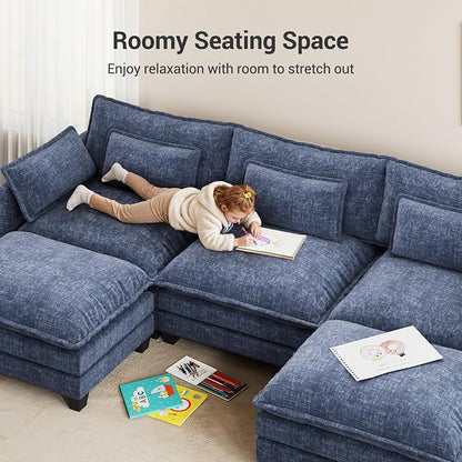 Pipishell 110.6" Modular Sectional Sofa, U Shaped Cloud Couch with Movable Ottoman, 5-Seat Chenille Deep Seat Cloud Modular Sectional Sofa with Throw Pillows for Living Room & Apartment, Blue