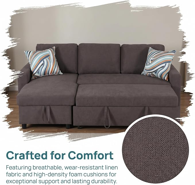 Pull Out Couch, L Shaped Sectional Couch with Pull Out Bed, Convertible Sofa Bed with Storage Chaise, Queen Size Sleeper Sofa, Sofa Bed Couch, Sleeper Sofa with Storage, Dark Brown