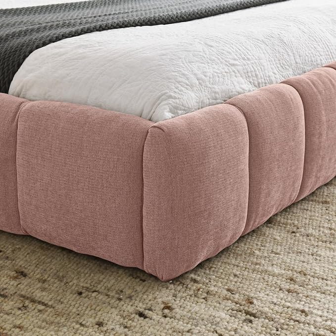 KEIKI Queen Thick Chenille Platform Bed Frame with Upholstered Tufted Headboard, Modern Solid Wood Floor Platform for Bedroom, No Box Spring Needed