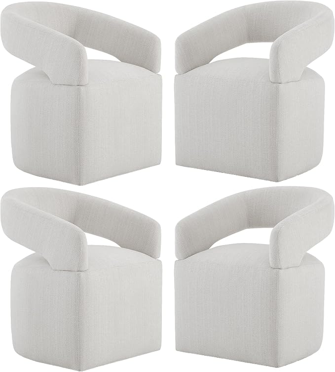 KISLOT Upholstered Dining Chairs Set of 4, Modern Rolling Dining Chairs with Hidden Casters, Arm Kitchen Chairs with Linen Look Fabric, Padded Barrel Chairs for Dining Room, Kitchen, Bedroom, Linen