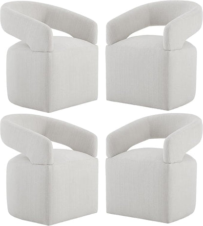 KISLOT Upholstered Dining Chairs Set of 4, Modern Rolling Dining Chairs with Hidden Casters, Arm Kitchen Chairs with Linen Look Fabric, Padded Barrel Chairs for Dining Room, Kitchen, Bedroom, Linen